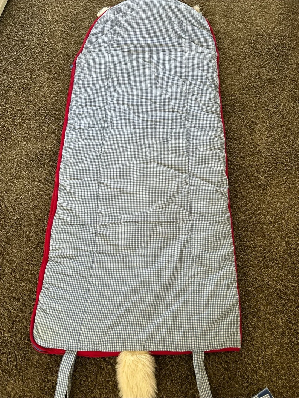 Pottery Barn Kids Shaggy Dog Sleeping Bag Blue White Check NO Monogram
